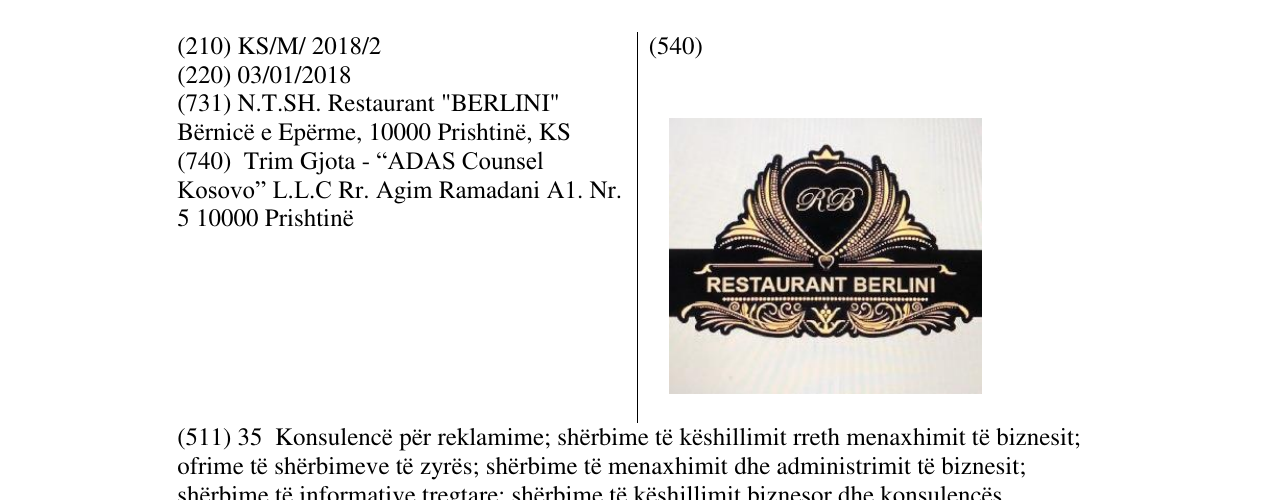 Zëri i markës RESTAURANT BERLINI në buletin