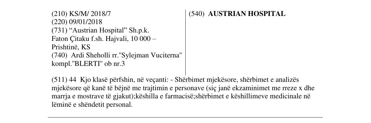 Zëri i markës AUSTRIAN HOSPITAL në buletin
