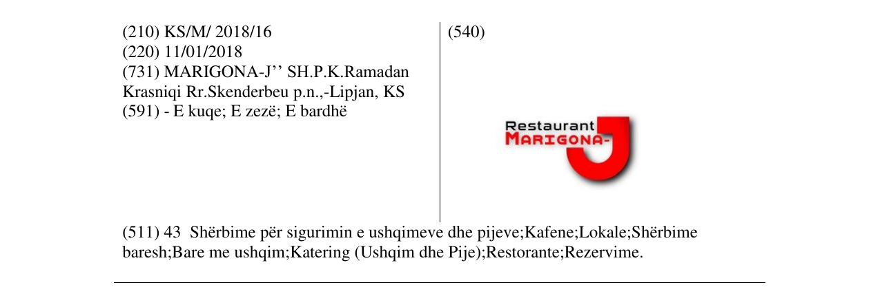 Zëri i markës Restaurant MARIGONA në buletin