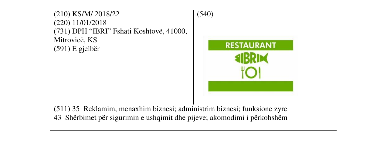Zëri i markës RESTAURANT IBRI në buletin