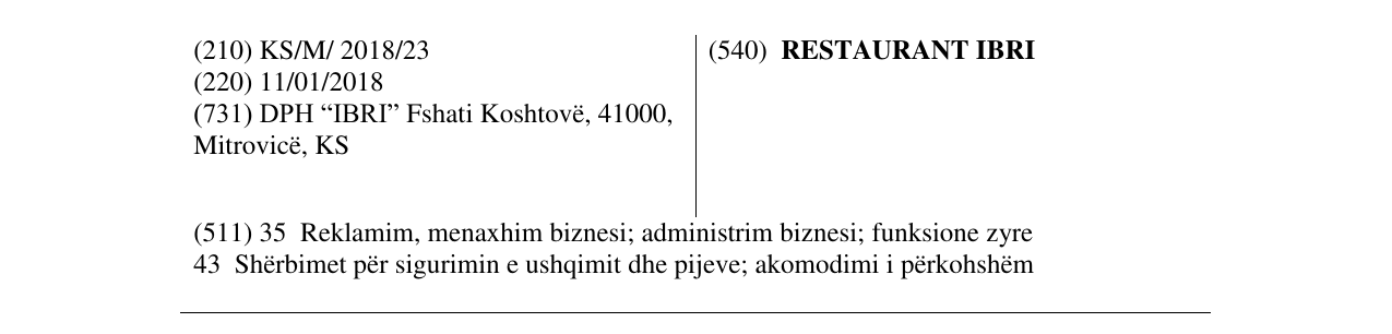 Zëri i markës RESTAURANT IBRI në buletin