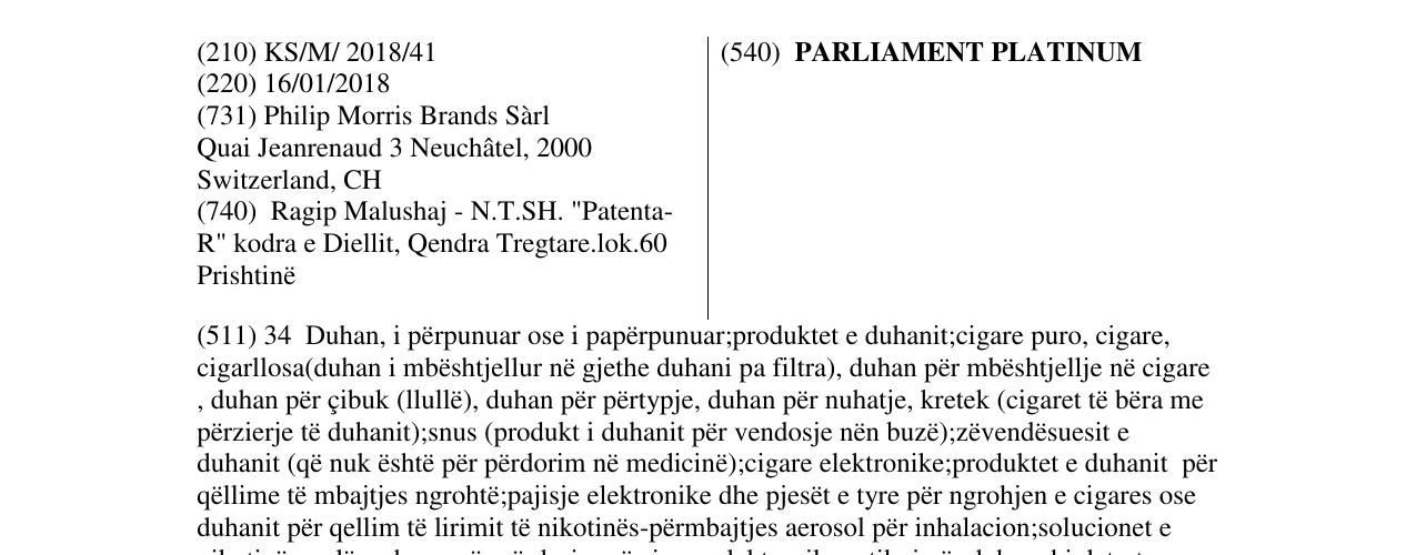 Zëri i markës PARLIAMENT PLATINUM në buletin