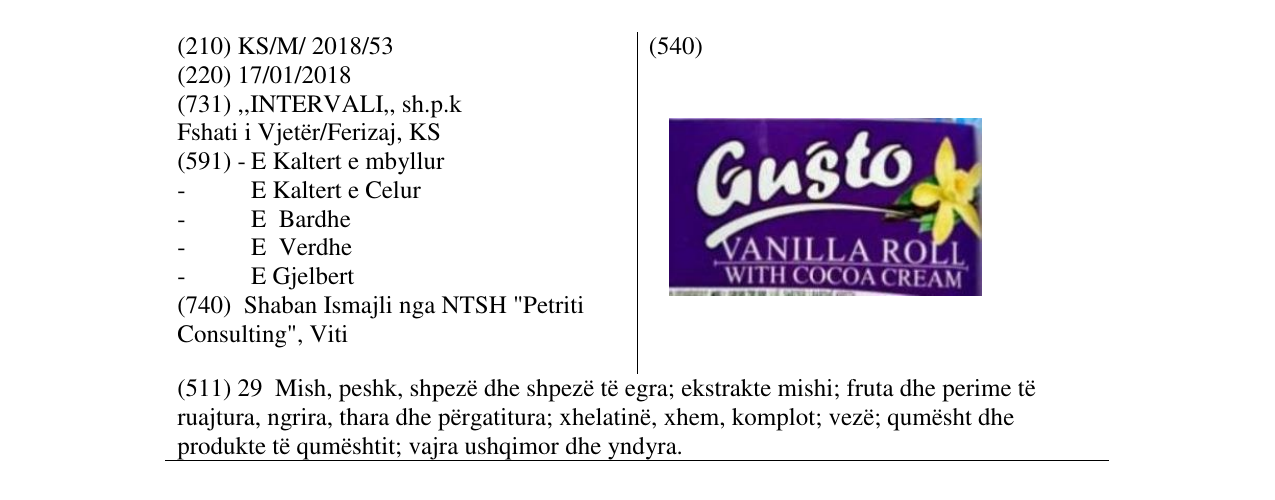 Zëri i markës Gusto Vanilla roll në buletin