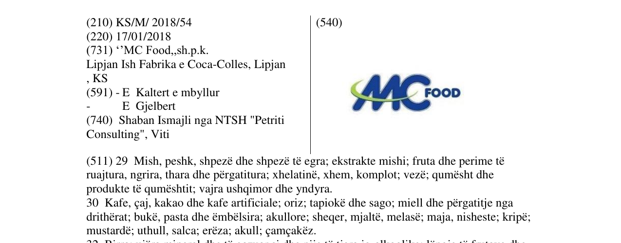 Zëri i markës MC FOOD në buletin