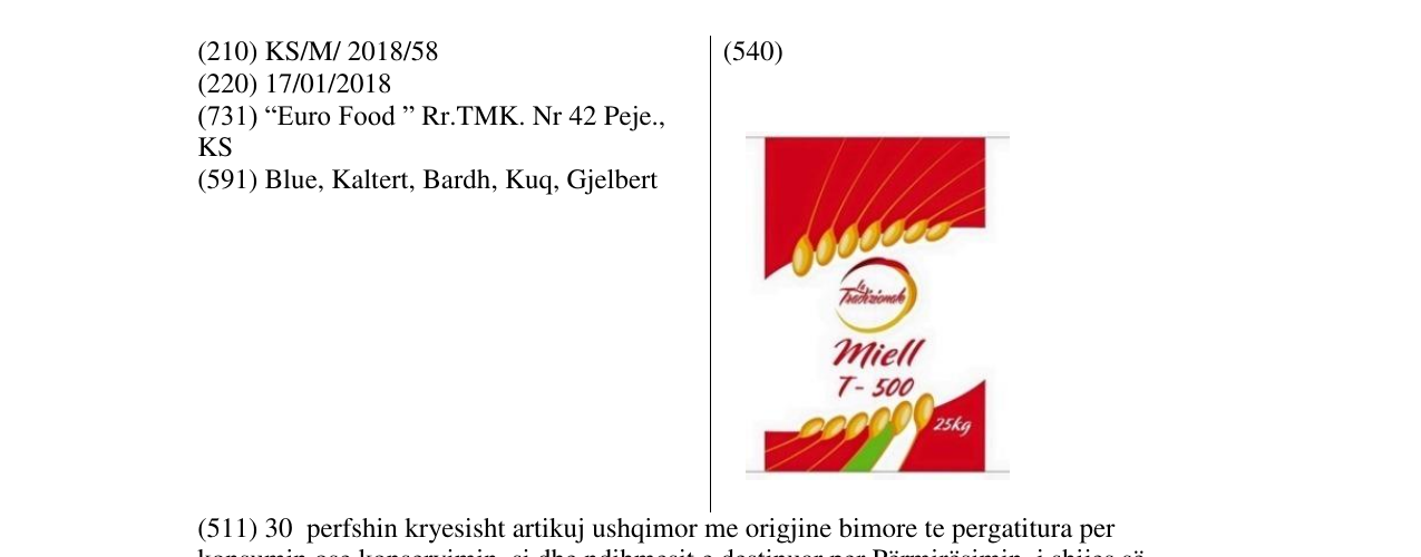 Zëri i markës miell T-500 në buletin