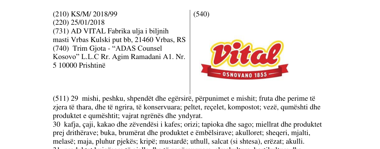 Zëri i markës Vital osnovano 1855 në buletin