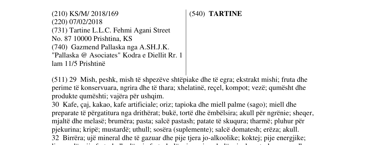 Zëri i markës TARTINE në buletin