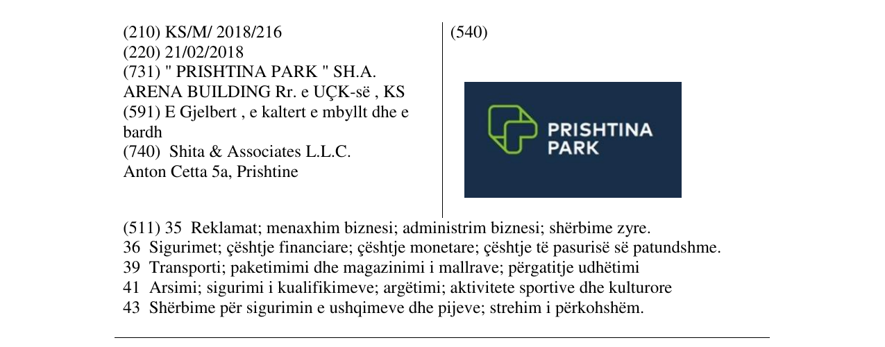 Zëri i markës PRISHTINA PARK në buletin