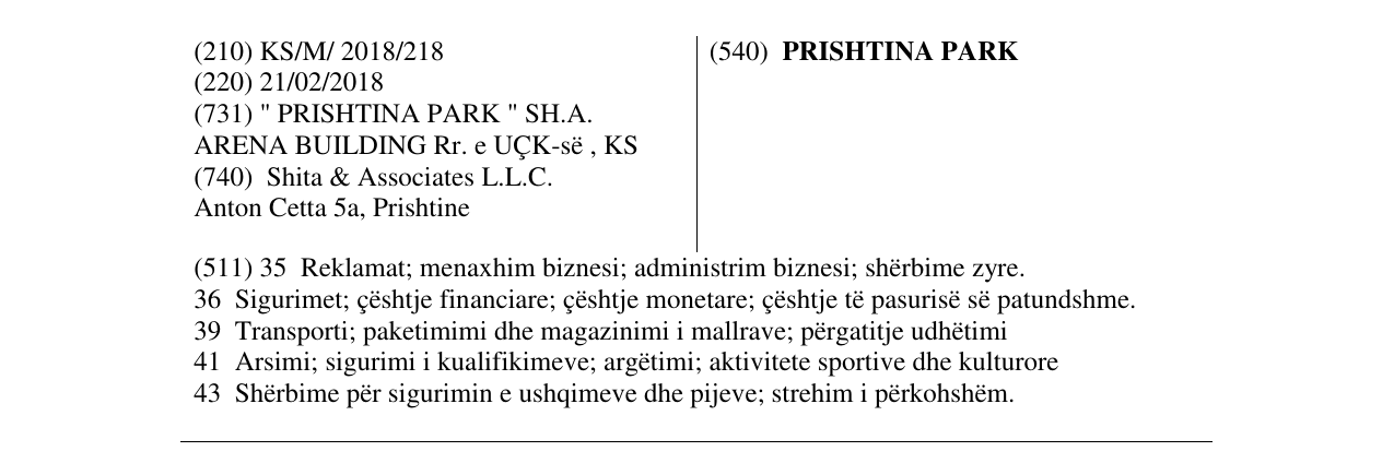 Zëri i markës PRISHTINA PARK në buletin
