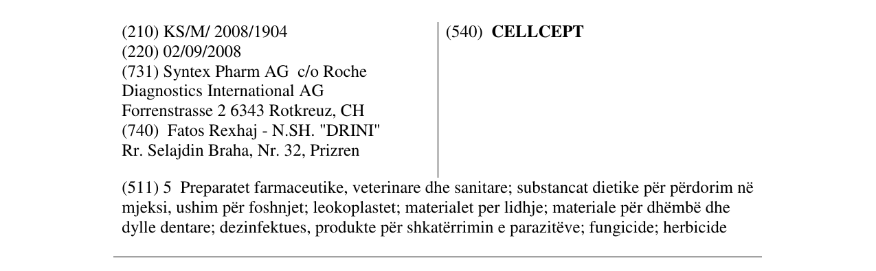 Zëri i markës CELLCEPT në buletin