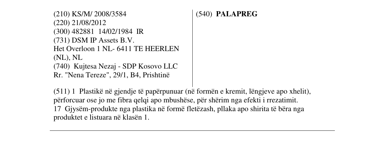 Zëri i markës PALAPREG në buletin