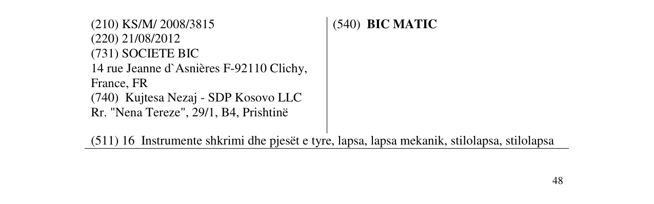 Zëri i markës BIC MATIC në buletin