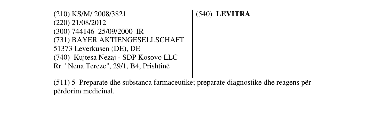 Zëri i markës LEVITRA në buletin