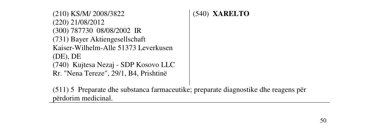 Zëri i markës XARELTO në buletin