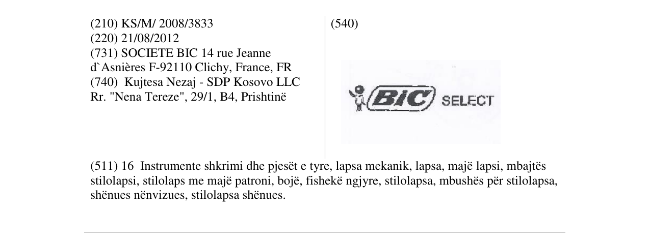Zëri i markës BIC SELECT në buletin
