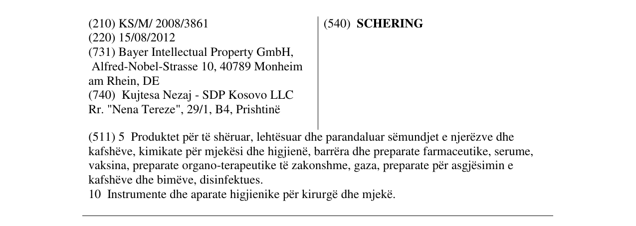 Zëri i markës SCHERING në buletin