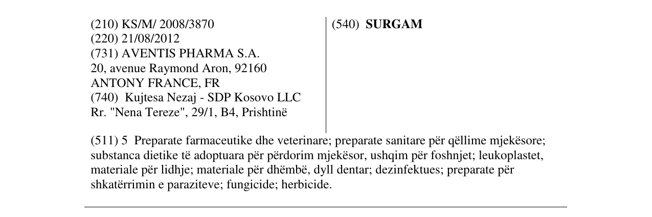 Zëri i markës SURGAM në buletin