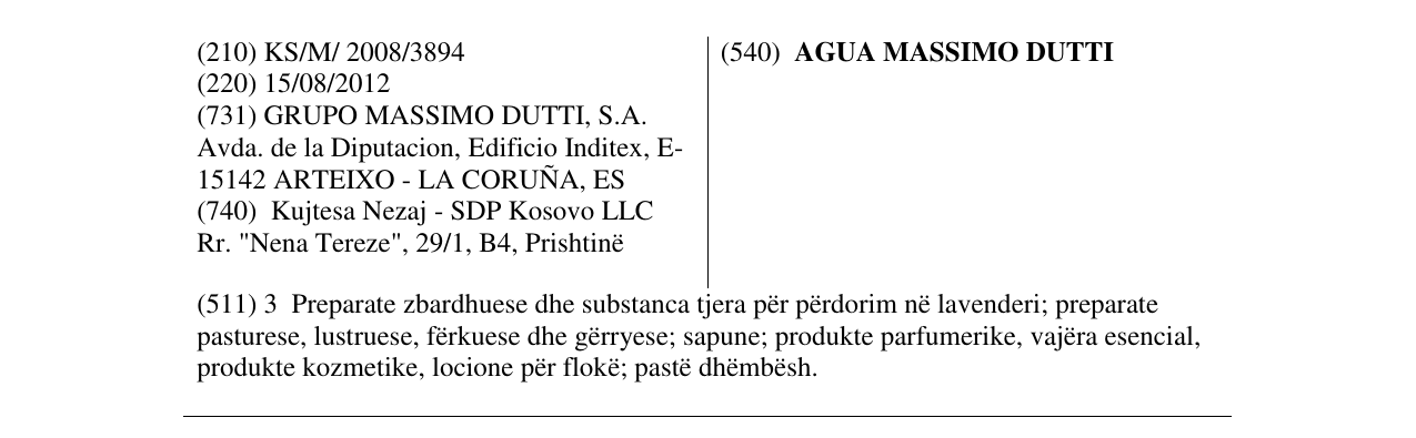 Zëri i markës AGUA MASSIMO DUTTI në buletin