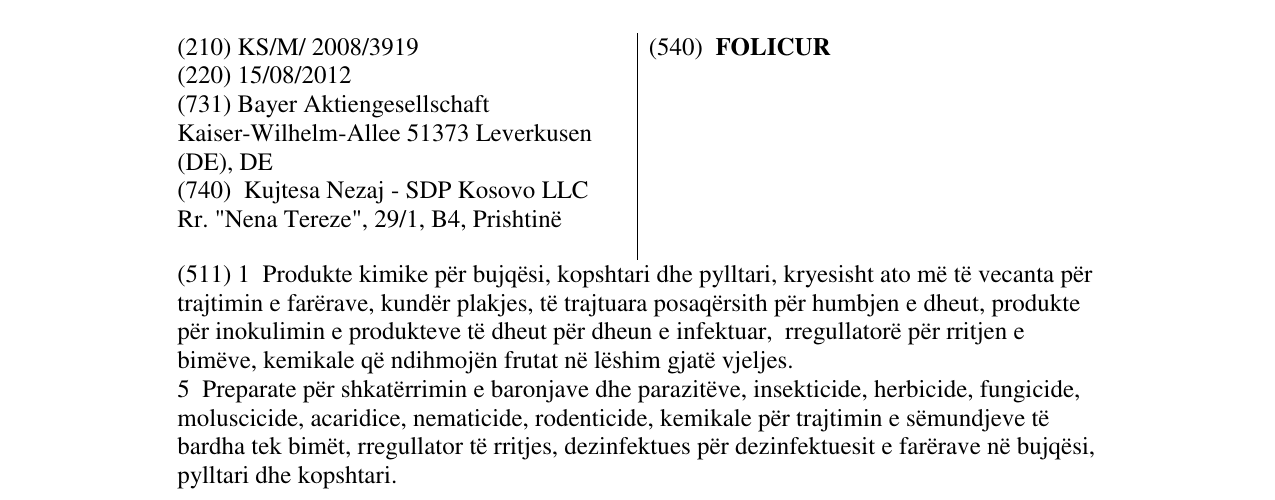 Zëri i markës FOLICUR në buletin