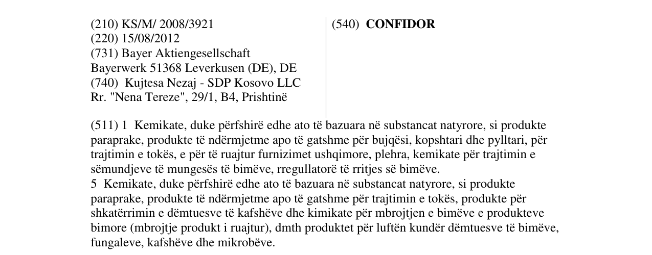 Zëri i markës CONFIDOR në buletin
