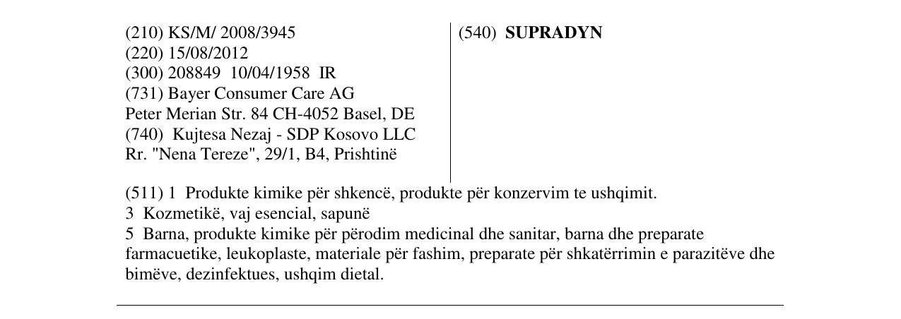 Zëri i markës SUPRADYN në buletin