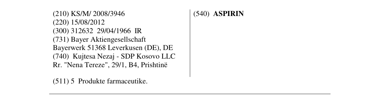 Zëri i markës ASPIRIN në buletin