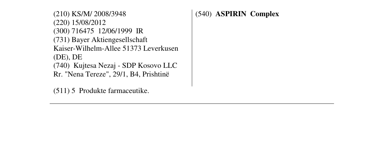 Zëri i markës ASPIRIN Complex në buletin