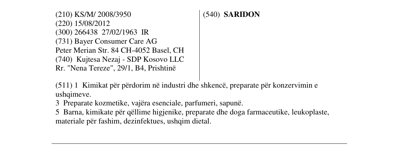 Zëri i markës SARIDON në buletin