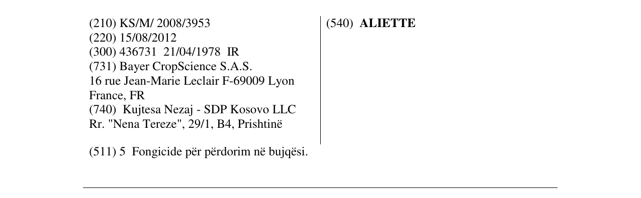 Zëri i markës ALIETTE në buletin