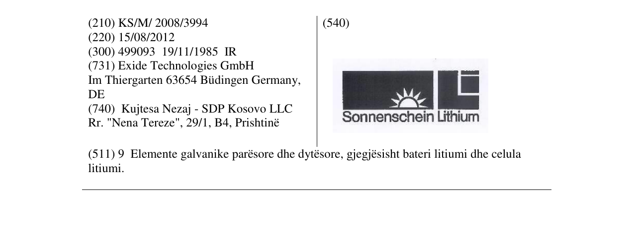 Zëri i markës Sonnenschein Lithium & Design në buletin