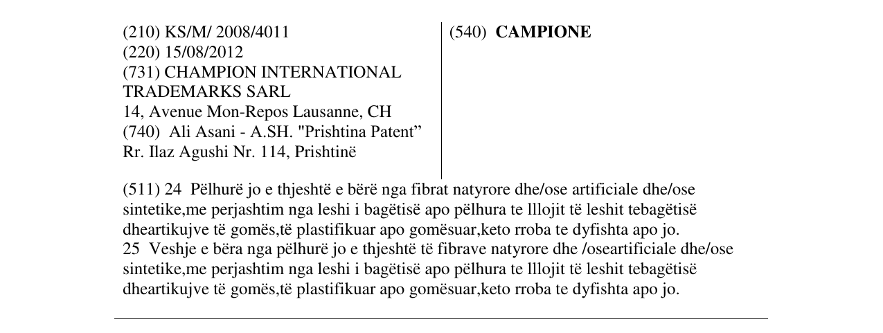 Zëri i markës CAMPIONE në buletin