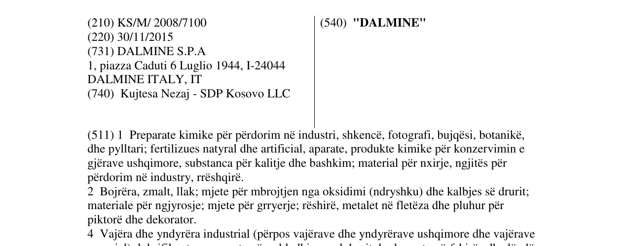 Zëri i markës "DALMINE" në buletin