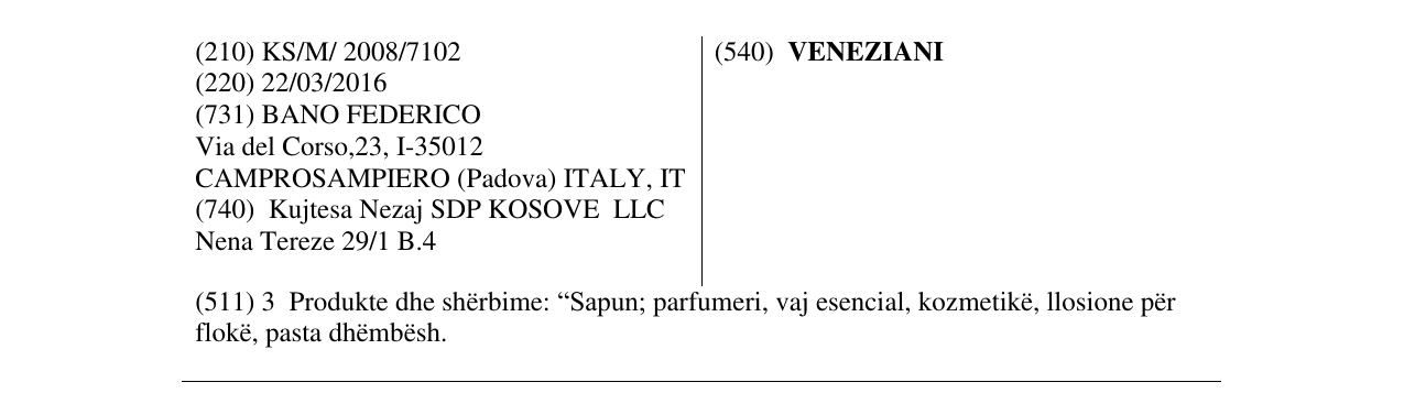 Zëri i markës VENEZIANI në buletin