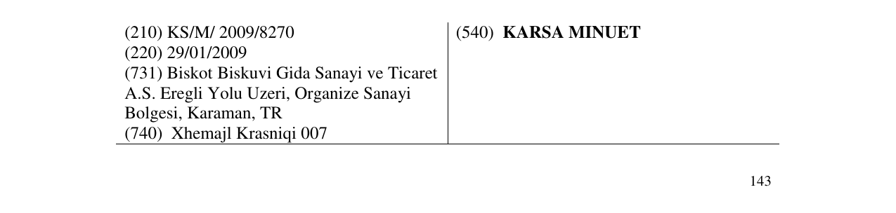 Zëri i markës KARSA MINUET në buletin