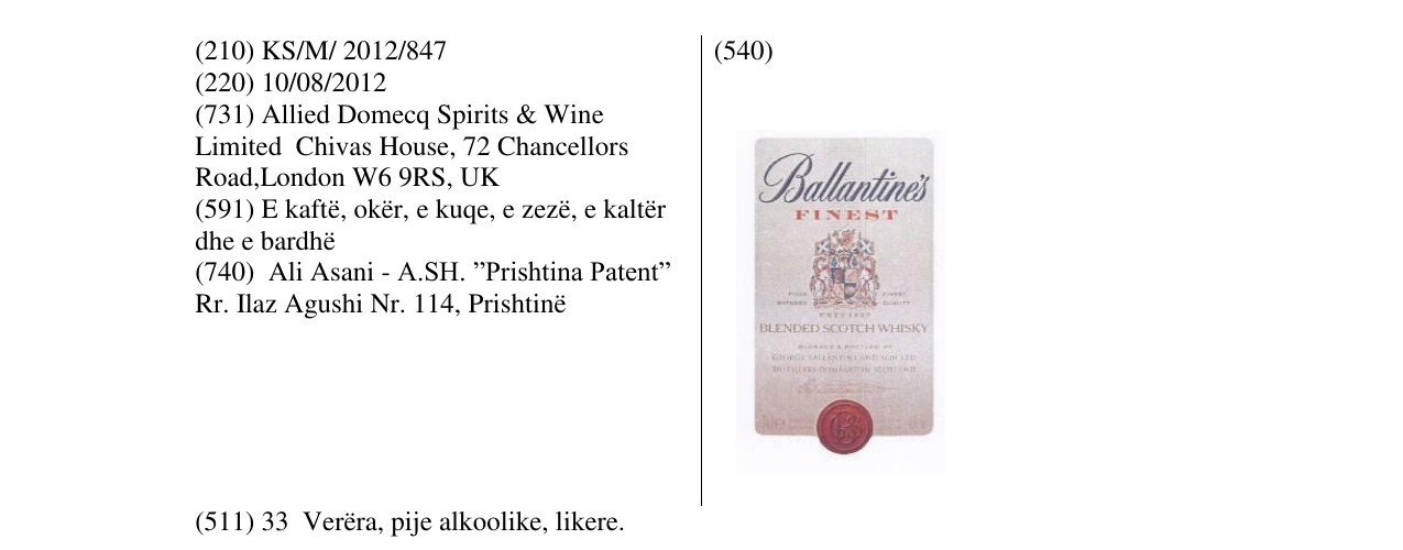 Zëri i markës Ballantines Finest në buletin