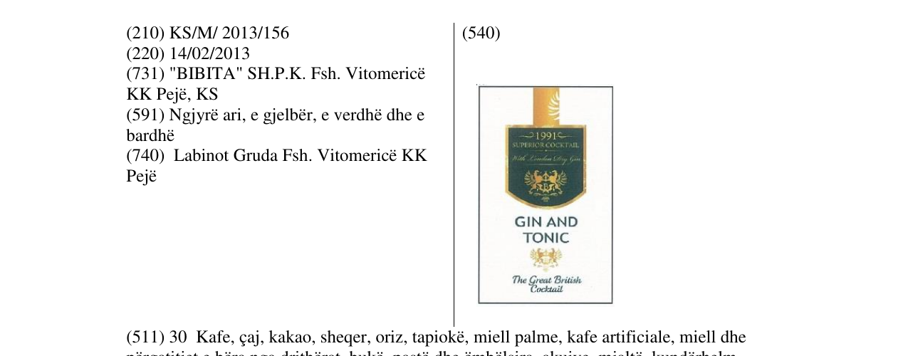 La voce del marchio GIN AND TONIC nel bollettino