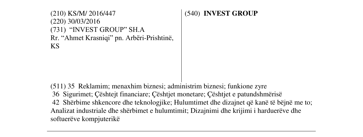 Zëri i markës INVEST GROUP në buletin