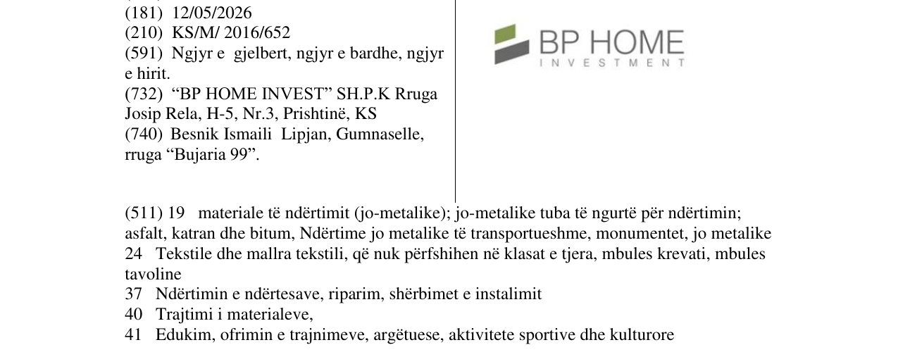 Zëri i markës BP HOME INVESTMENT në buletin