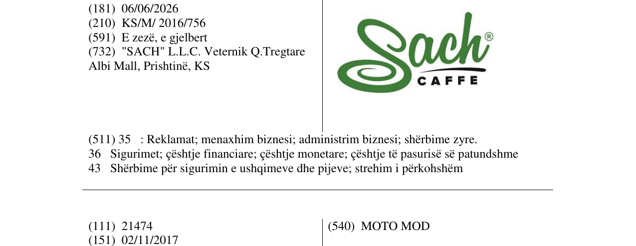 Zëri i markës Sach Caffe në buletin