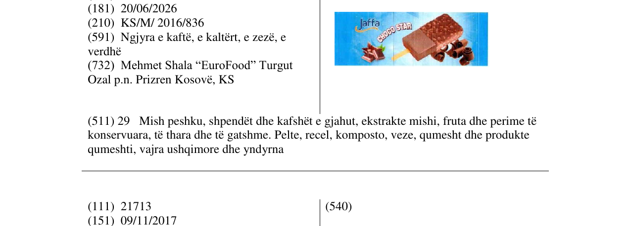 Zëri i markës Jaffa CHOCO STAR në buletin