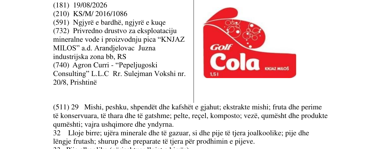 Zëri i markës Golf Cola në buletin