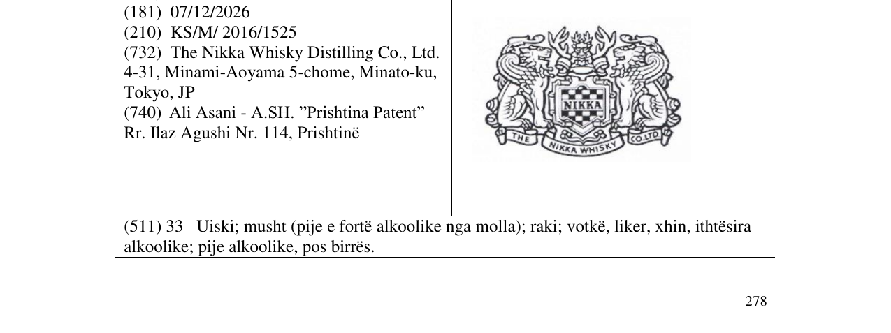 Zëri i markës NIKKA THE NIKKA WHISKY CO.LTD në buletin