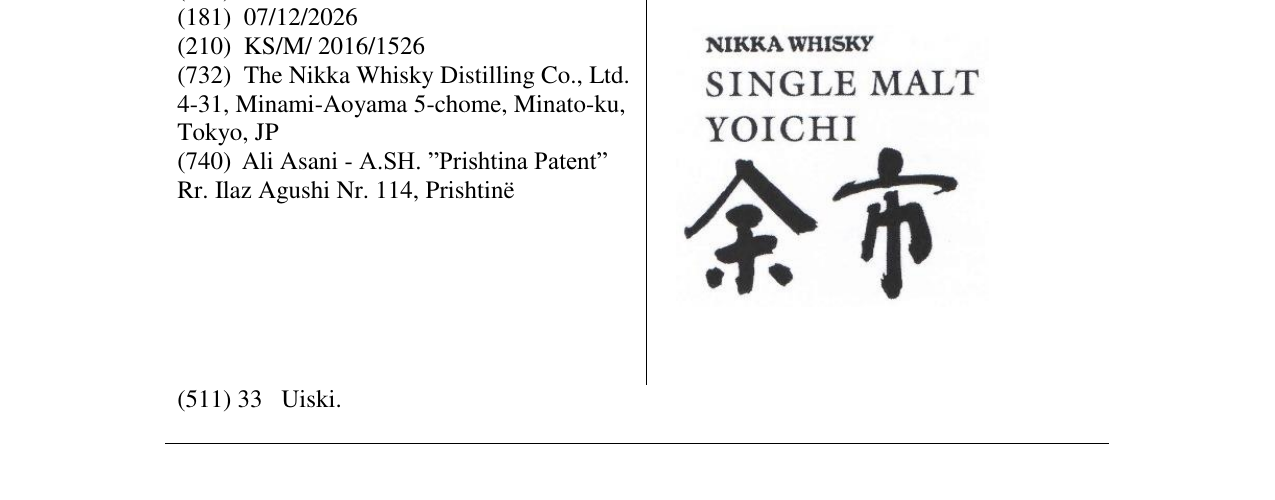 Zëri i markës NIKKA WHISKY SINGLE MALT YOICHI në buletin