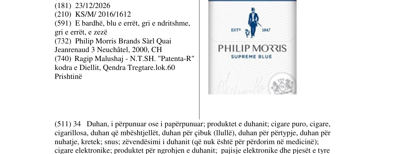 Zëri i markës PHILIP MORRIS SUPREME BLUE në buletin