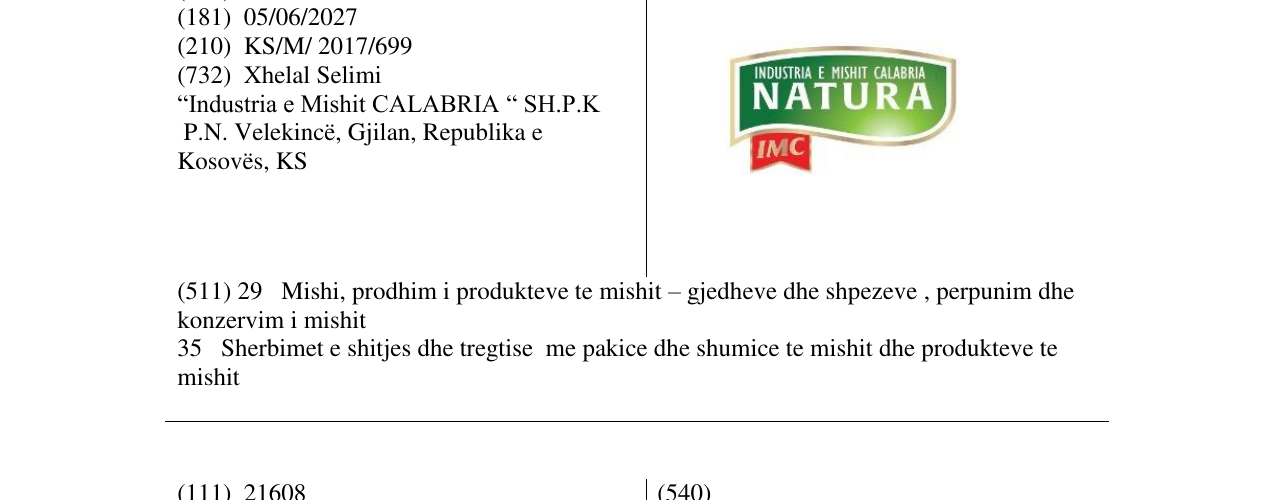 Zëri i markës Industria e mishit Calabria NATURA IMC në buletin