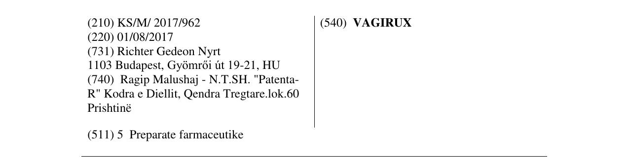 Zëri i markës VAGIRUX në buletin