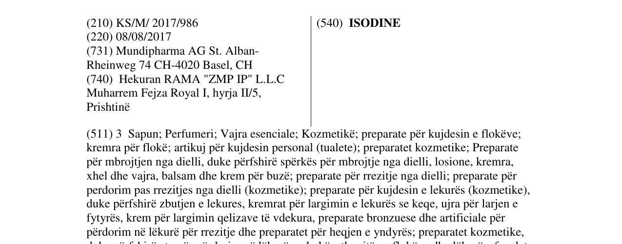 Zëri i markës ISODINE në buletin