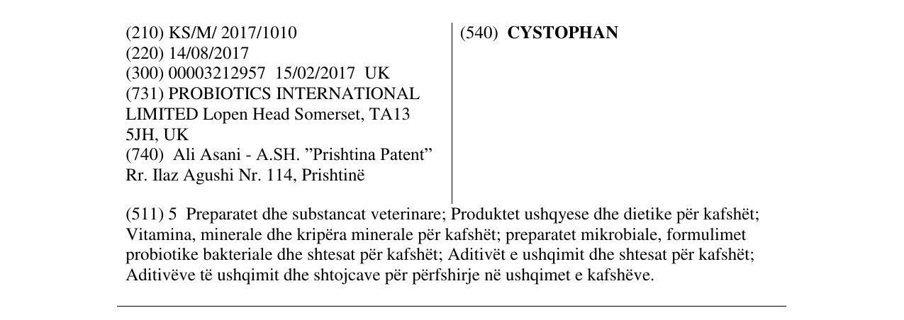 Zëri i markës CYSTOPHAN në buletin