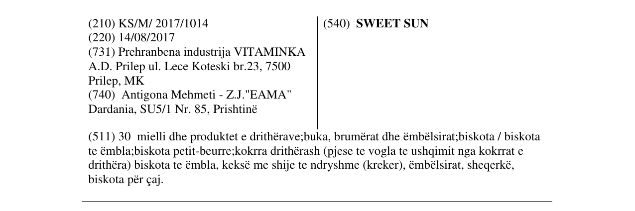 Zëri i markës SWEET SUN në buletin