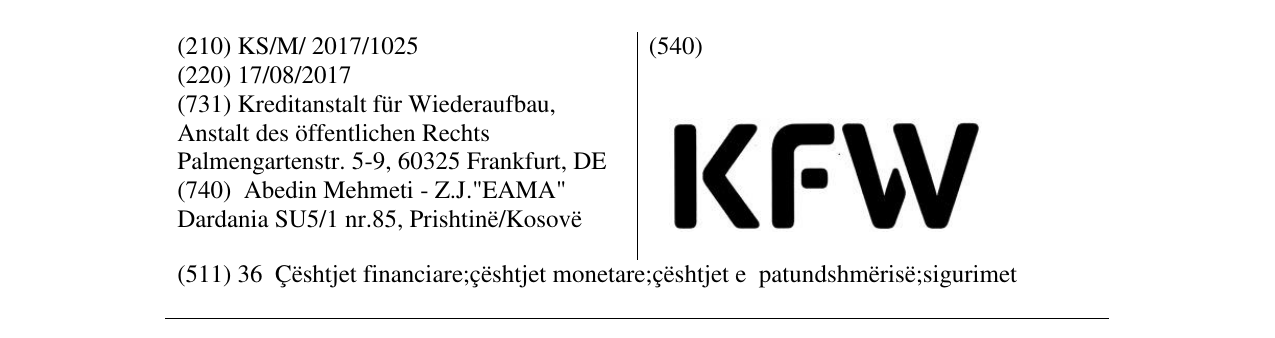 The entry of the trademark KFW in the bulletin
